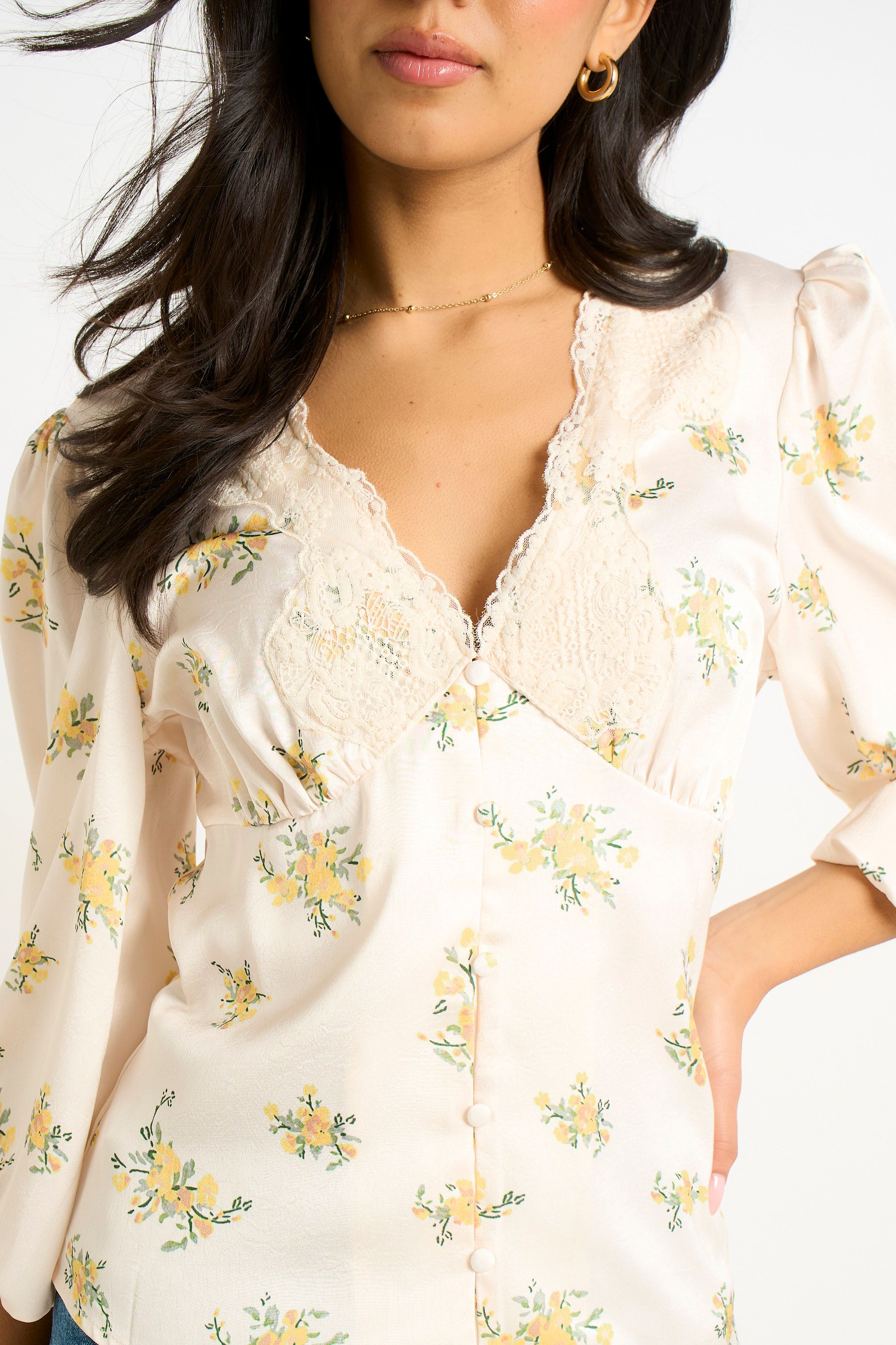Gini London Cream Lace Trim Satin Button Through Blouse
