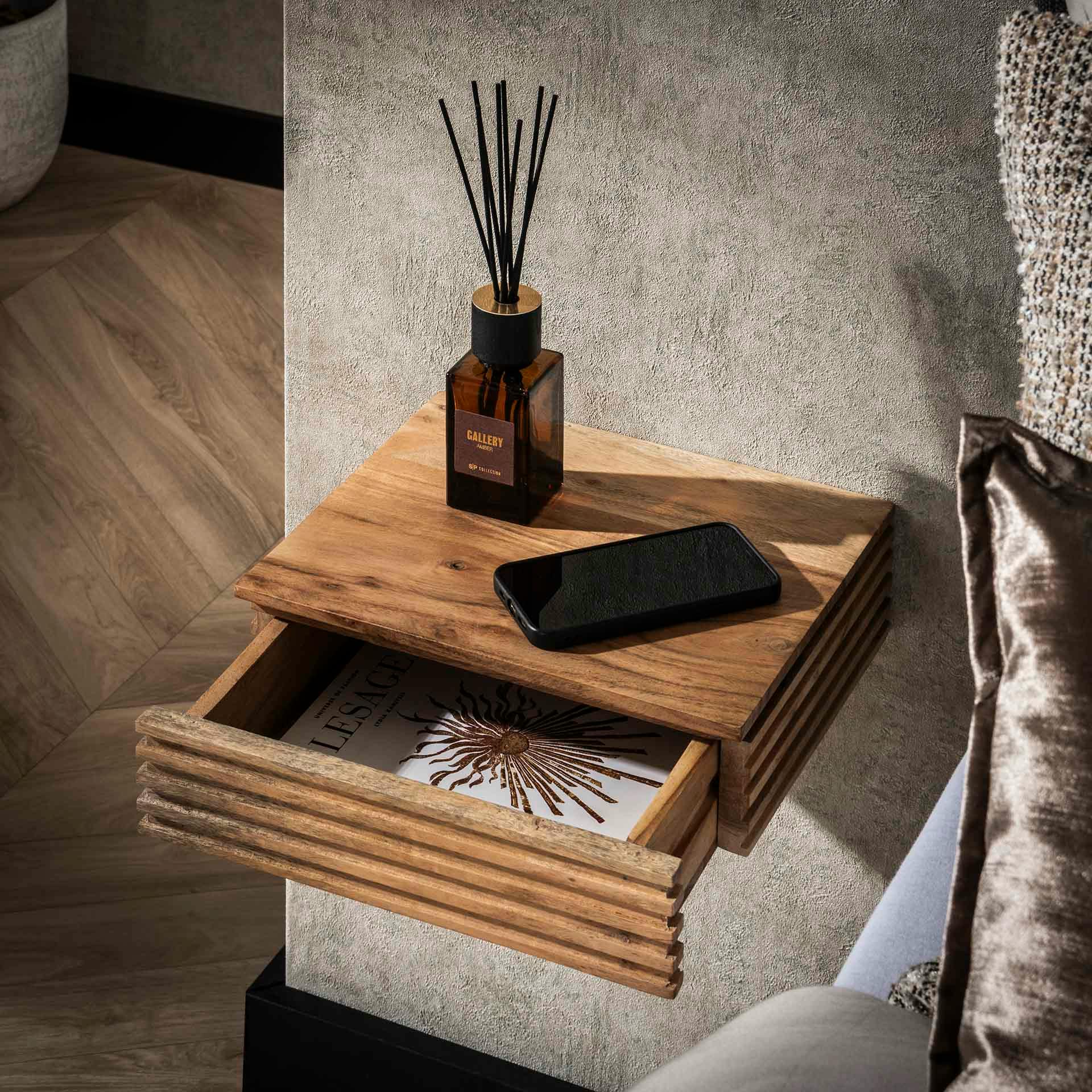 Table de chevet murale en bois d'acacia avec stries (lot de 2) MELBOURNE