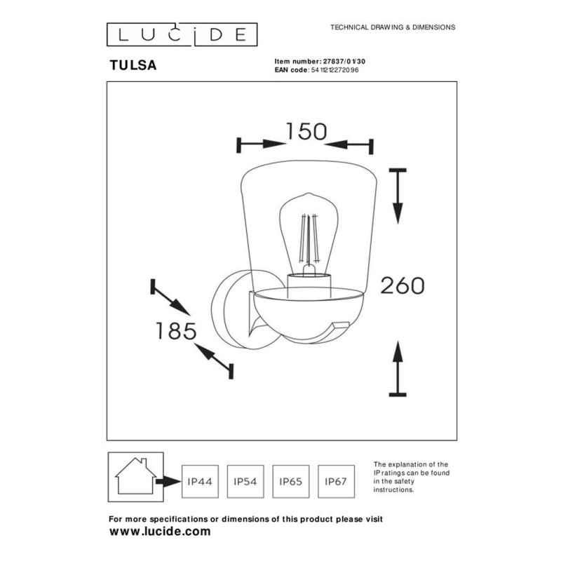Applique murale extérieure Tulsa noire E27 40 W LUCIDE