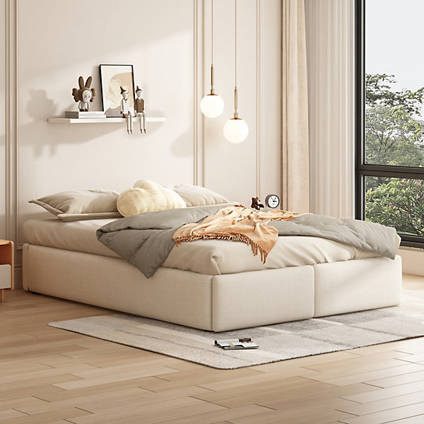 Lit Capitonné 140 X 200 Cm, Plate-forme Avec 2 Tiroir, Sans Tête De Lit, Beige