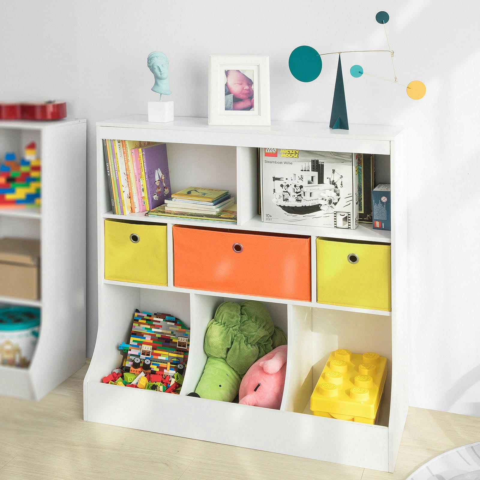 - Étagère de rangement à livres et jouets enfants effet bois blanc
