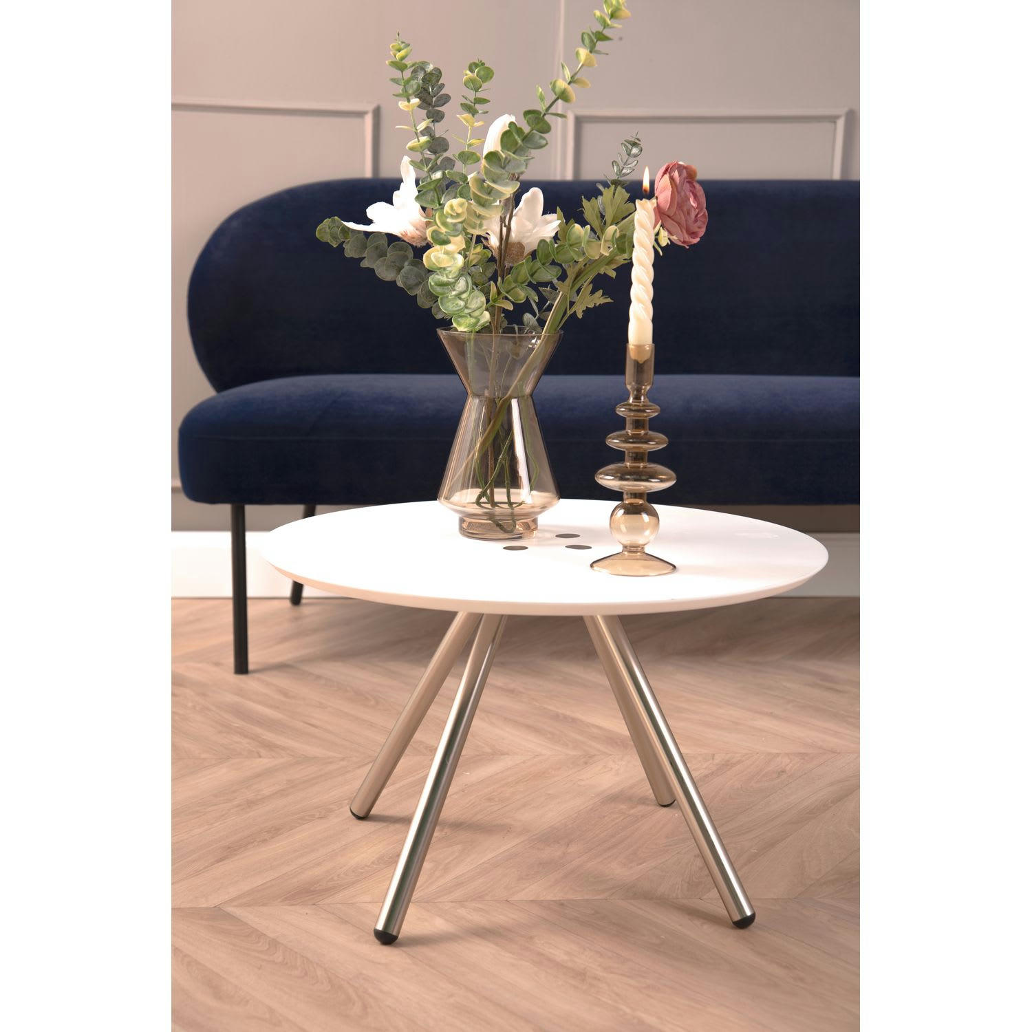 SLICED - Table basse ronde 4 pieds chromés blanc