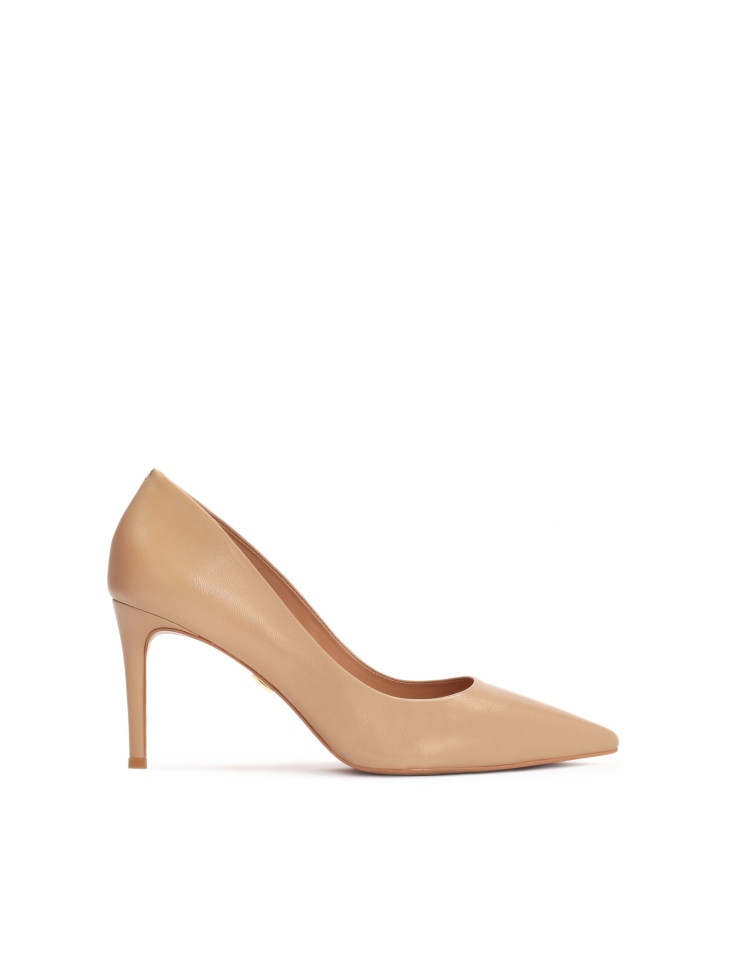 Light brown leather pumps on a sleek heel