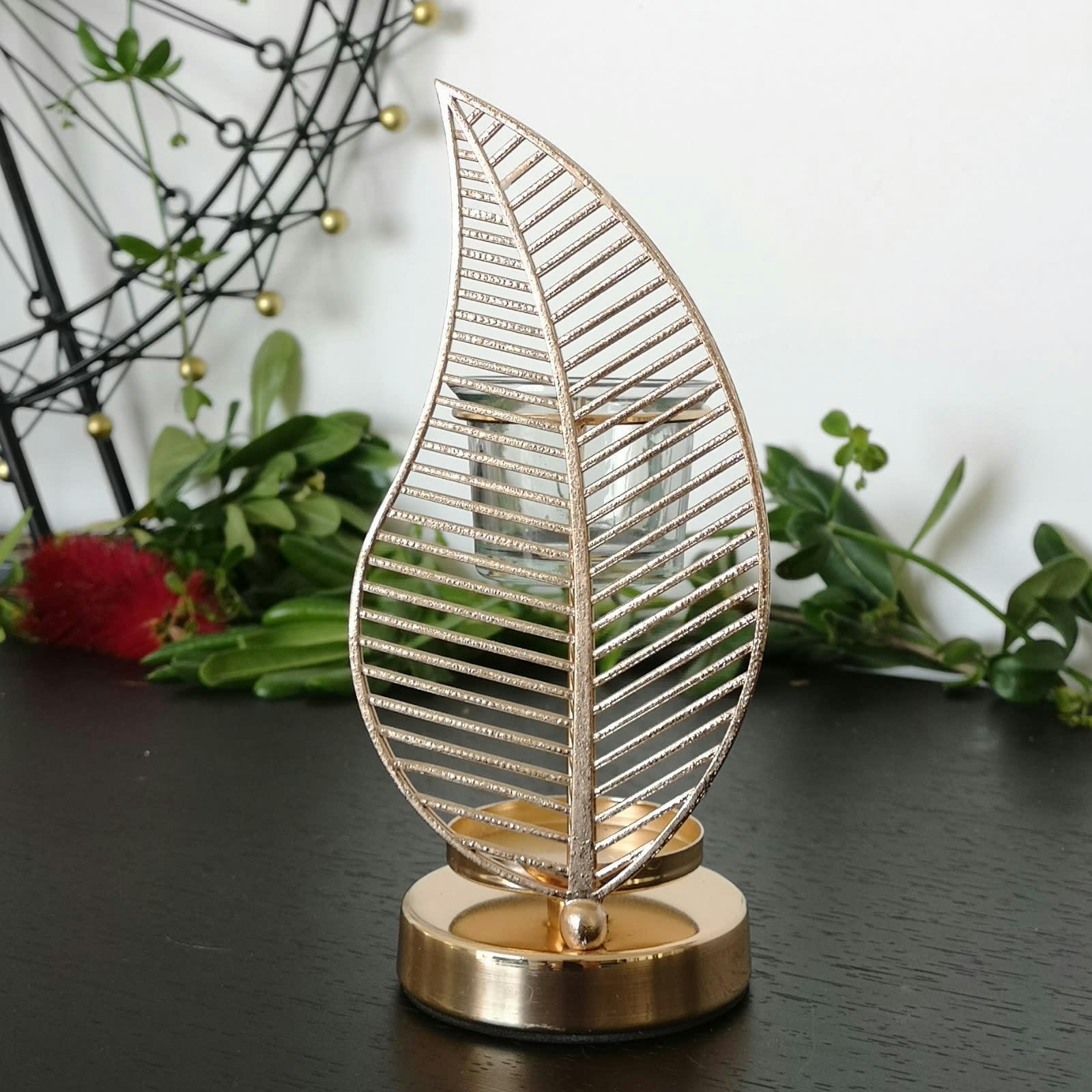 PALME - Brûle parfum Inspiration Feuille en métal doré et verre - H 20 cm