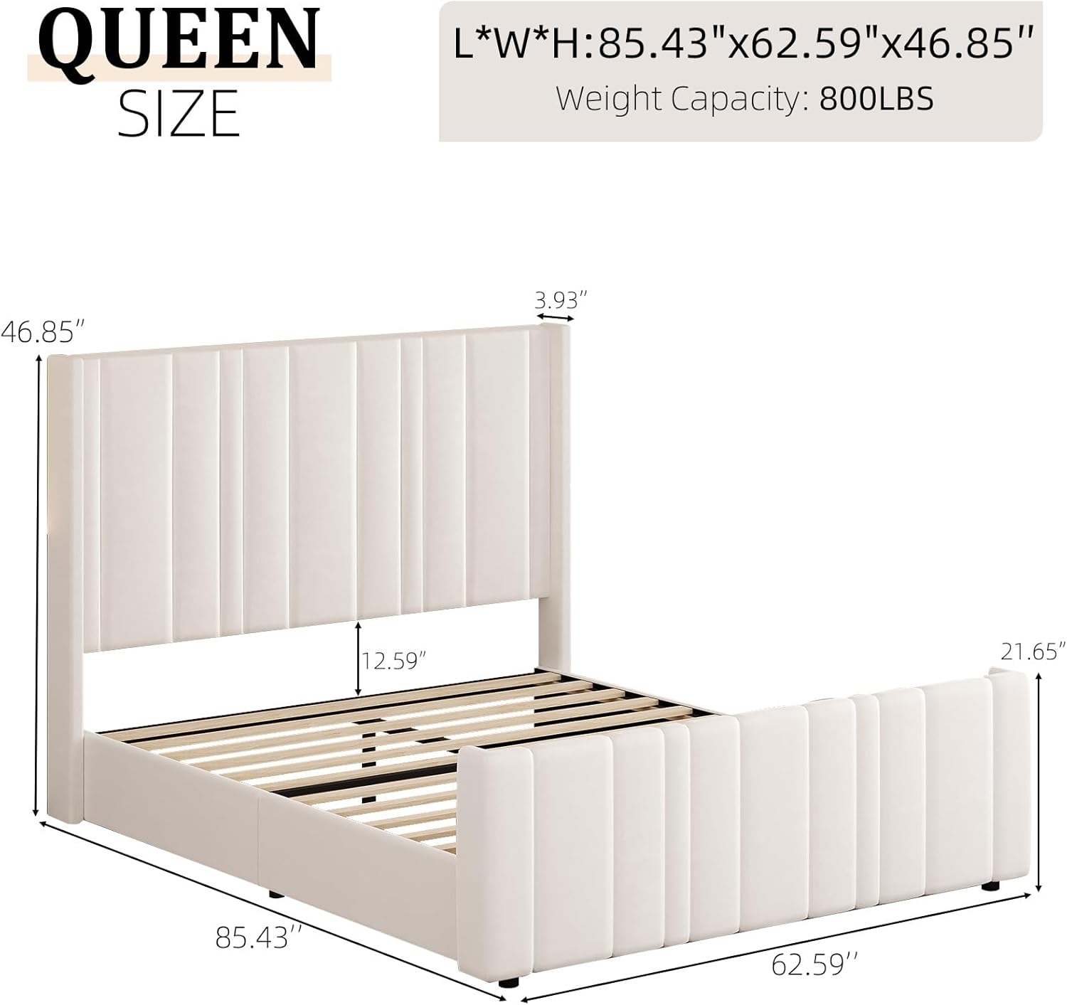 HOMBCK Queen Bed Frame, Upholstered Platform Bed Frame Queen Size with Vertical Channel Tufted Headboard & Footboard, Wingback Design/Noise Free/No Box Spring Needed/Easy Assembly, Cream