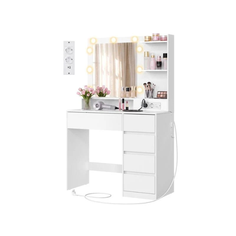 Coiffeuse avec miroir LED prises et rangements