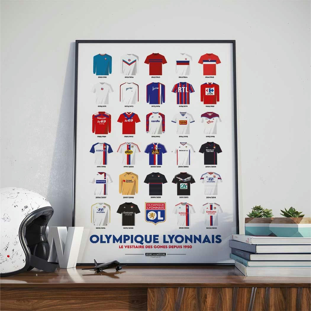 FOOTBALL - Affiche Foot - OL Maillots Historiques 30x40cm