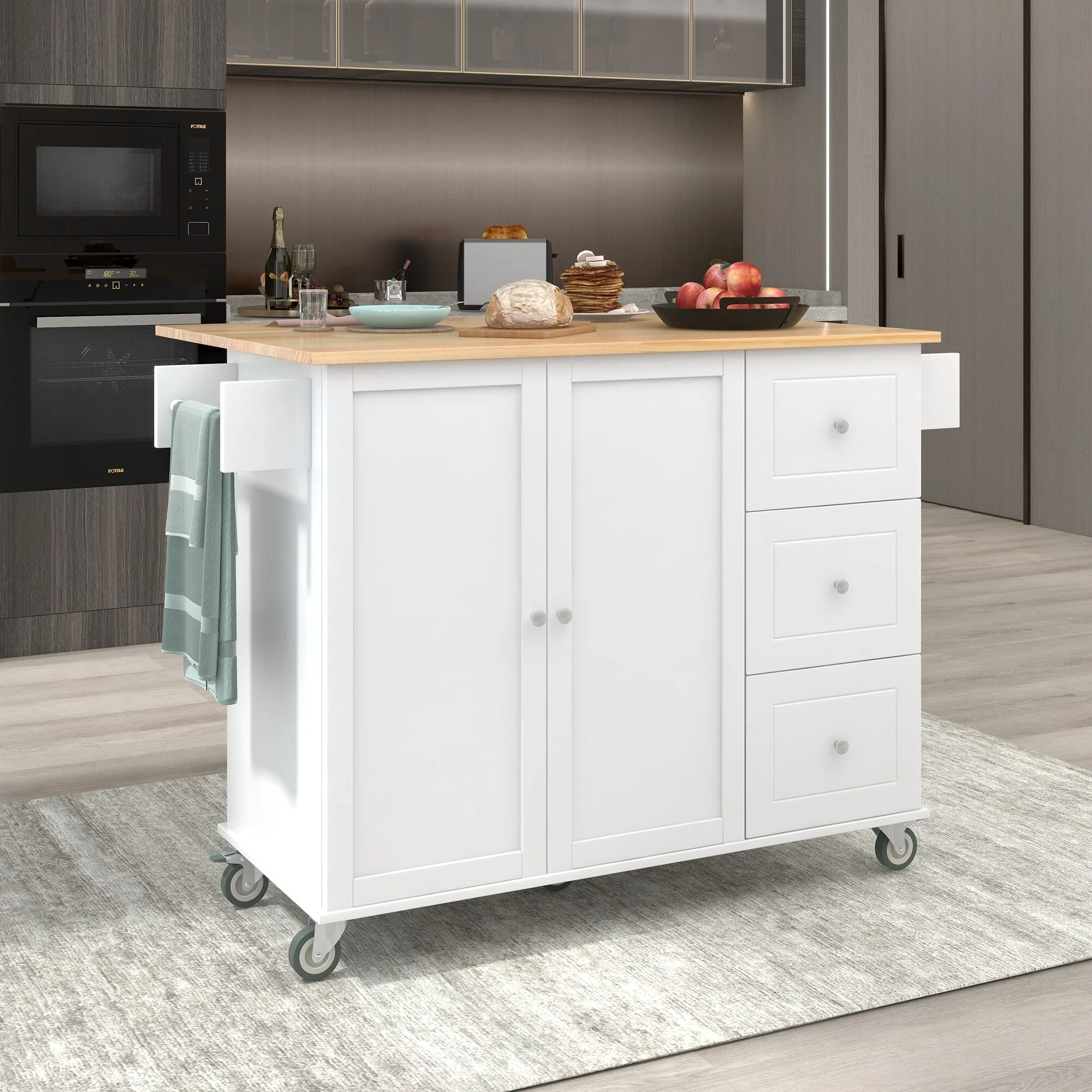 Kitchen Island Cart with Solid Wood Top, Drop Leaf Breakfast Bar, Mobile Kitchen Cart on Wheels with Towel Rack & Drawer