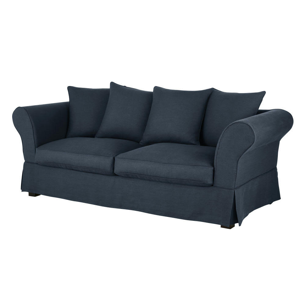 Roma - Housse de canapé fixe et convertible 3/4 places (6 cm) en lin froissé bleu nuit