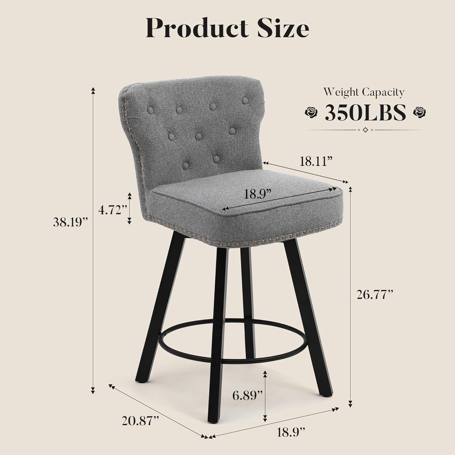 Counter Height Bar Stools Set of 2, 26 Mid-Century Swivel Bar Stool with Metal Base for Kitchen Island, Rivet Armless Linen Fabric Barstool with High Back and Large Thick Cushion, Gray