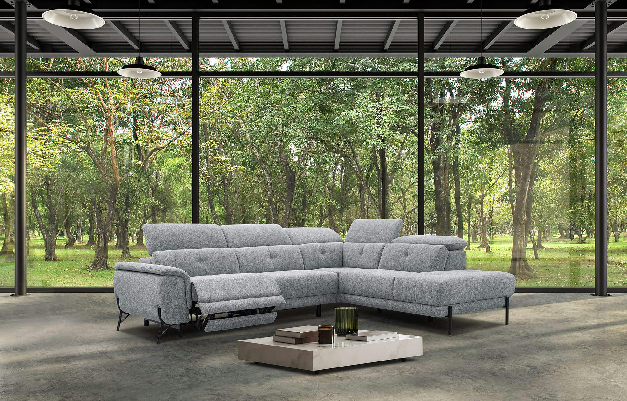 AVENA - Canapé d'angle droit 5 places relax électrique tissu gris clair