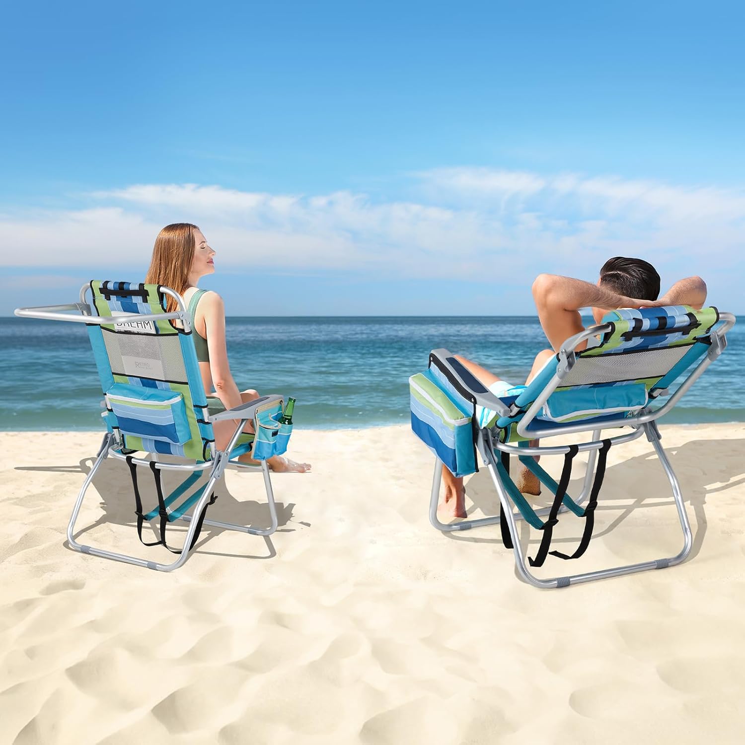 VINGLI Tall Beach Chair 2 Pack Lightweight, Backpack Beach Chair for Adults with 5-Position, Cooler Bag, Cup Holders, Towel Bar, Lightweight Folding Beach Camping Chairs （Blue/Green-16