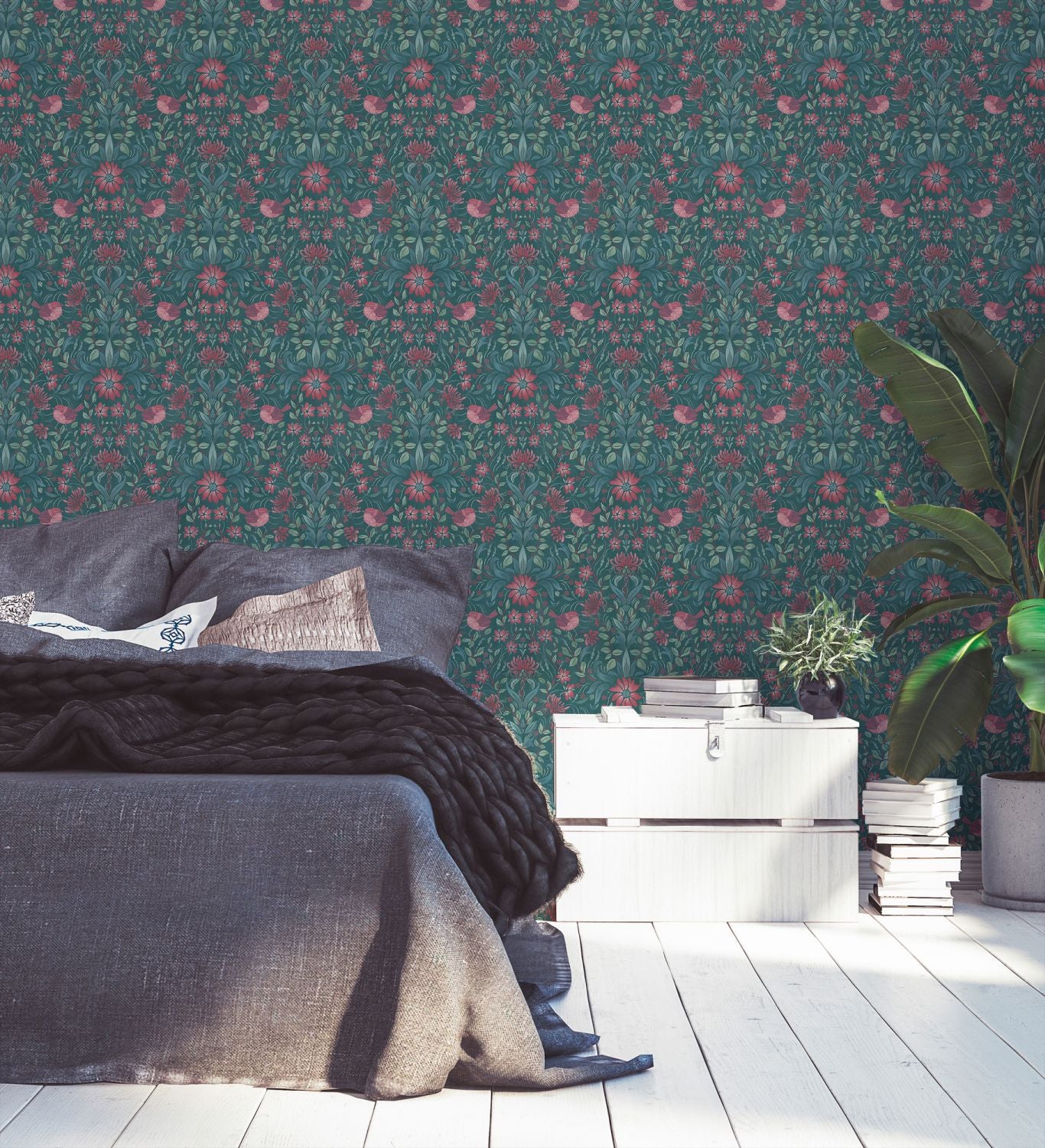 Livingwalls behang bloemmotief donkergroen en rood - 53 cm x 10.05 m - AS-390754
