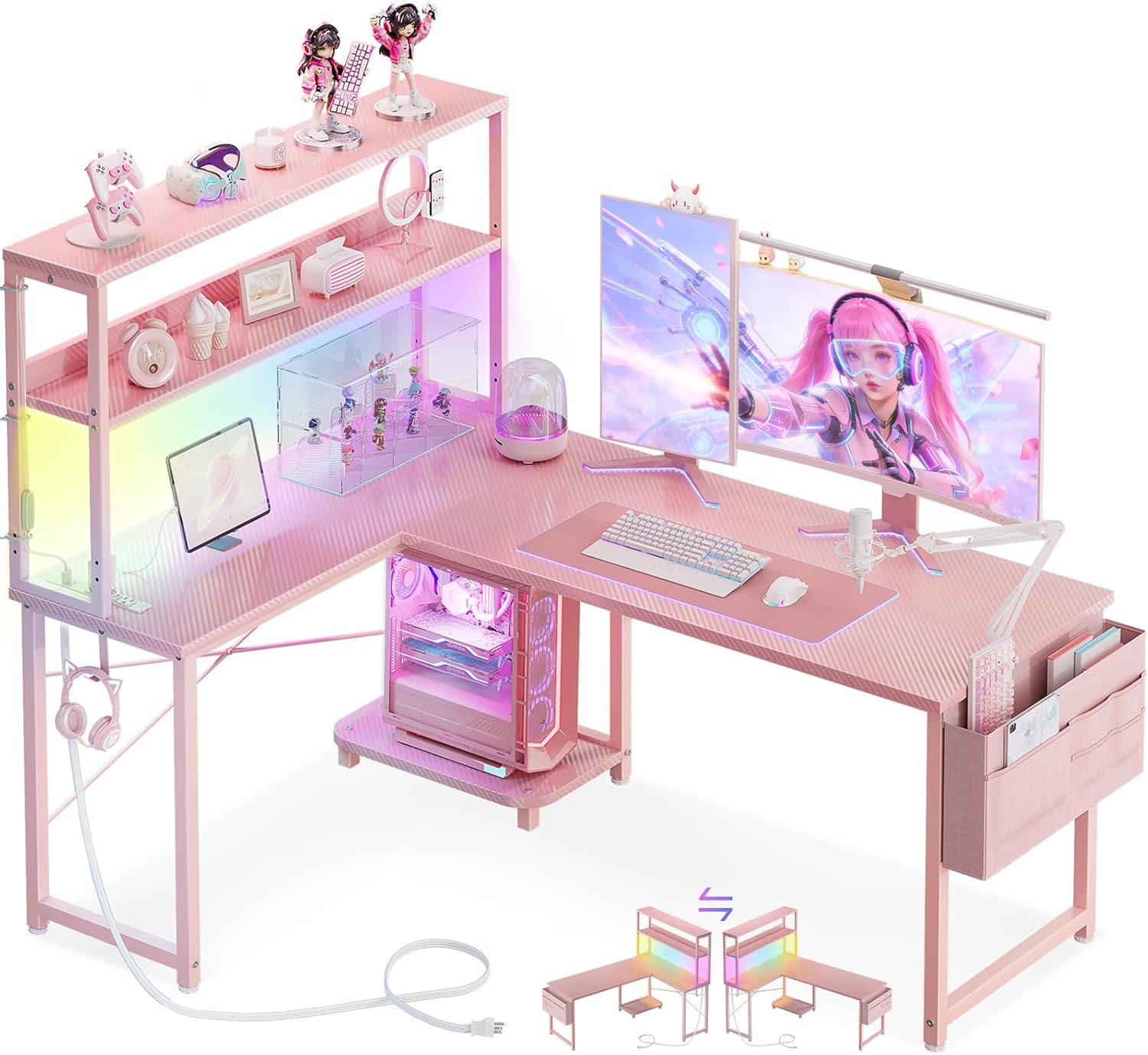 AODK L Shaped Desk Gaming Desk with LED Light & Power Outlet, 53 Inch Reversible L Shaped Computer Table with Shelf & Storage Bag & Hook for Home Office, Pink