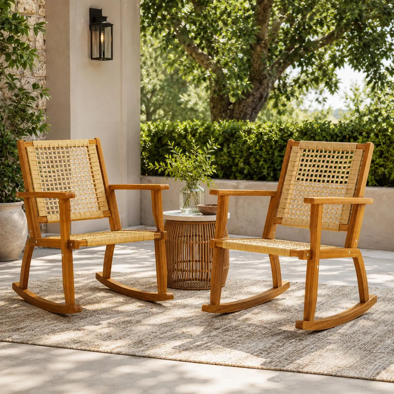 Acacia Wood Rocking Chair Set, Khaki Wicker Seat, Outdoor Patio Furniture