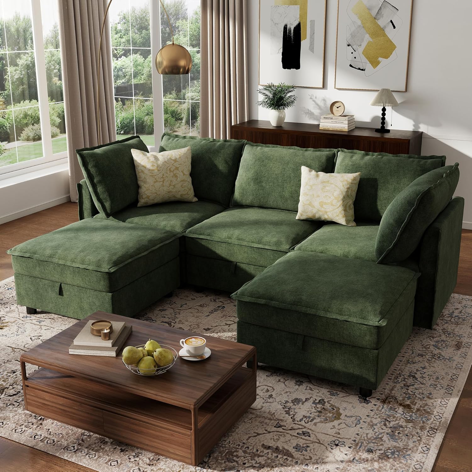 Ihanherry 97.2” Modular Sectional Sofa with Storage, U Shaped Modern Sofa for Living Room, 4-Seat Chenille Fabric Comfy Deep Seat Sofa with Movable Ottoman for Bedroom and Apartment, Green