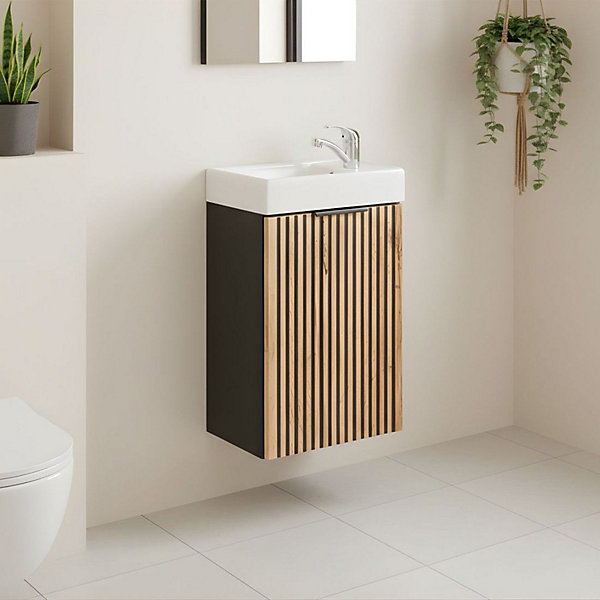 Ensemble KINOKO : meuble sous vasque à placards 40cm et vasque blanche rectangulaire à poser