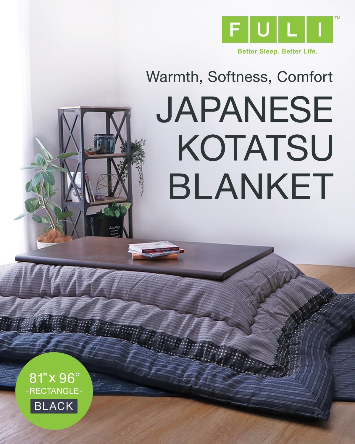 FULI Japanese Kotatsu Blanket, Warm Quilted Kotatsu Futon Comforter, 100% Cotton Top, Made in Japan, 81x96 in / 205x245 cm Rectangle (Black)