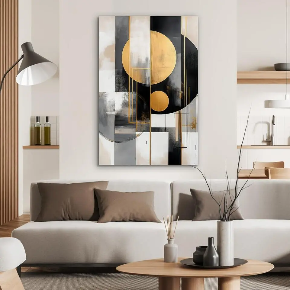 MuchoWow Aluminium Schilderij 60x90cm Abstract Goud Zilver Vormen