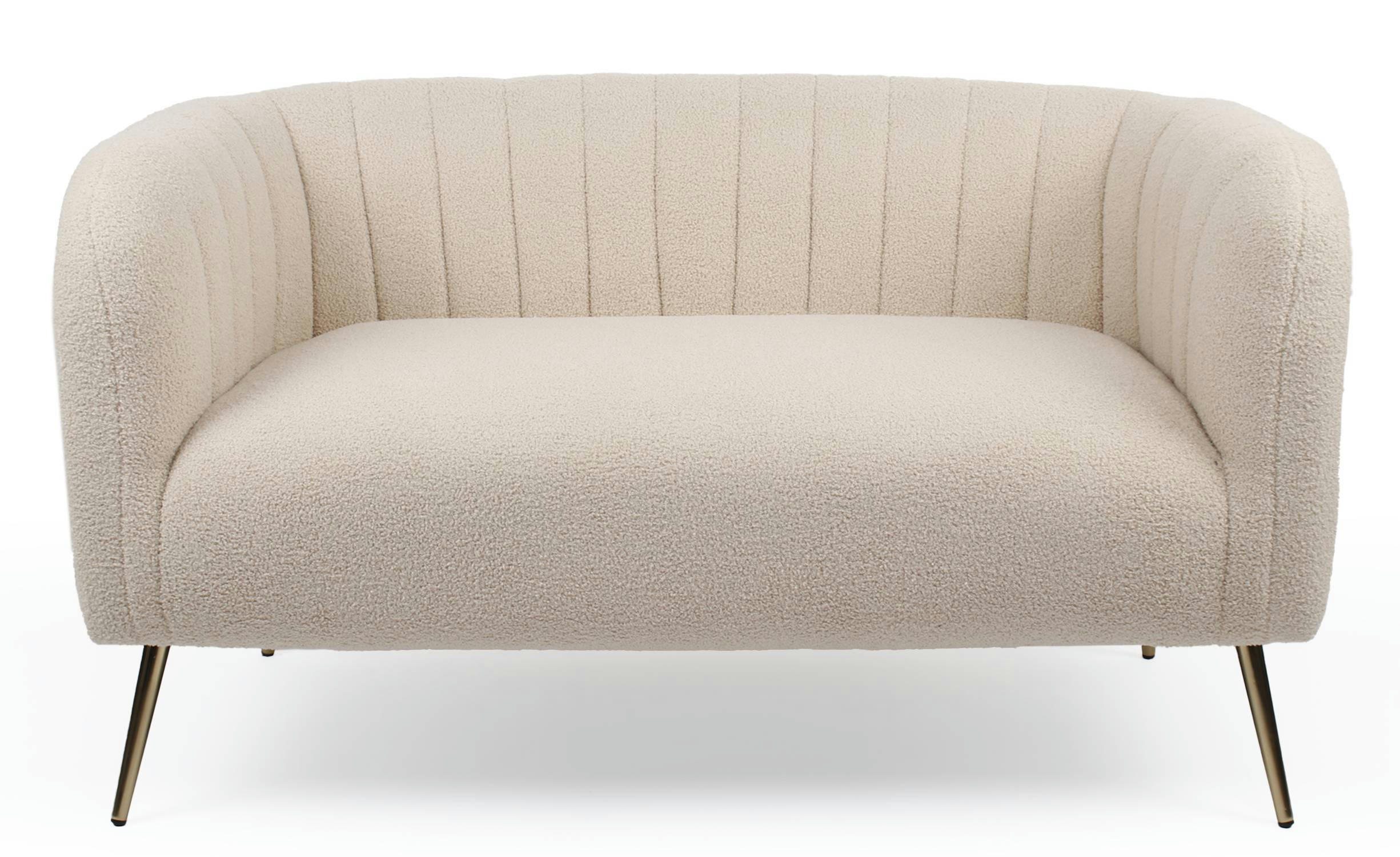 BOMBARO - Canapé 2 places moderne pieds métal doré et tissu bouclette beige