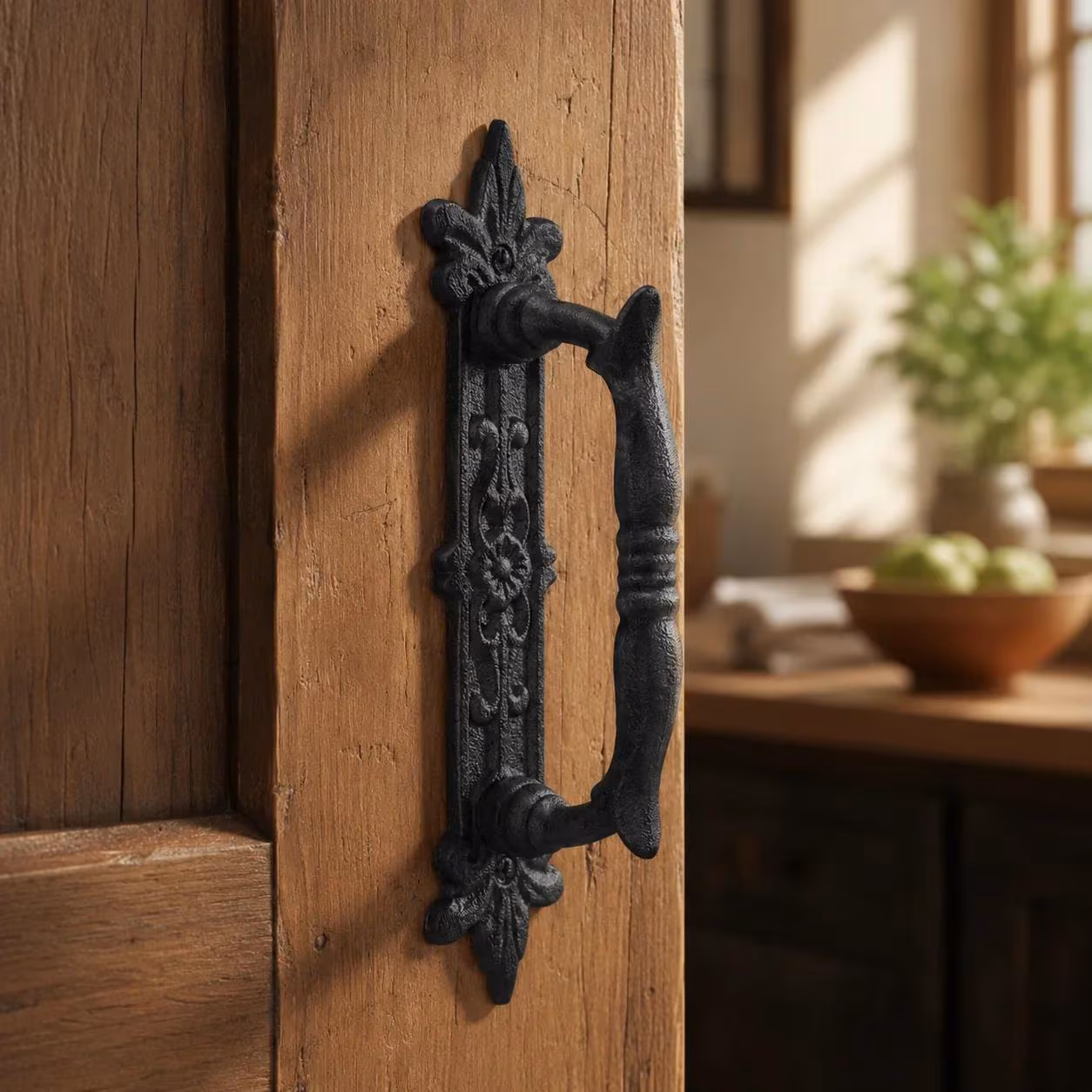 Door Handle with Ornate Backplate, Black Cast Iron Pull, 9