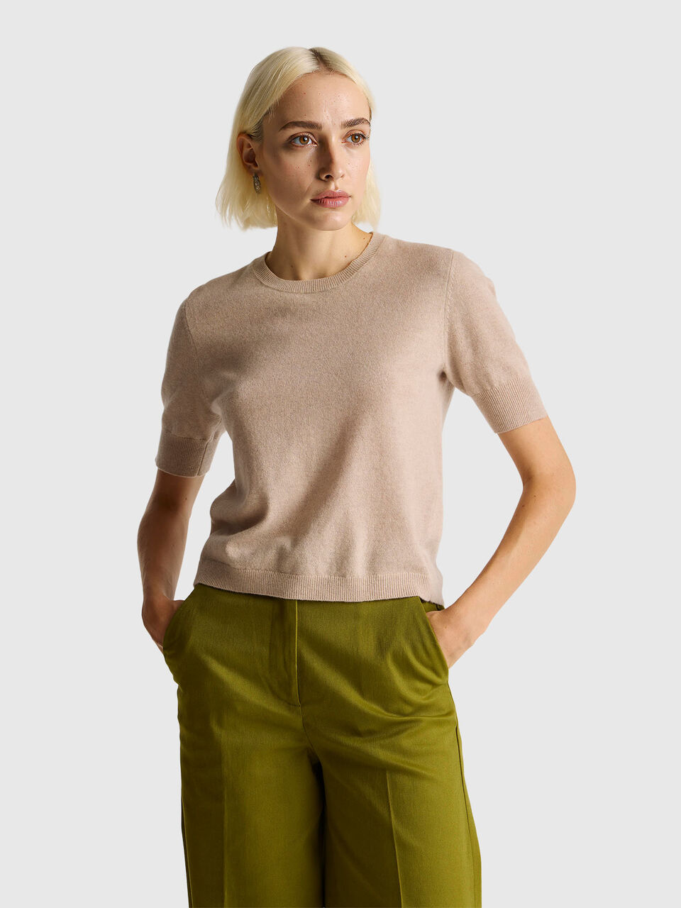 Beige short sleeve sweater in pure Merino wool