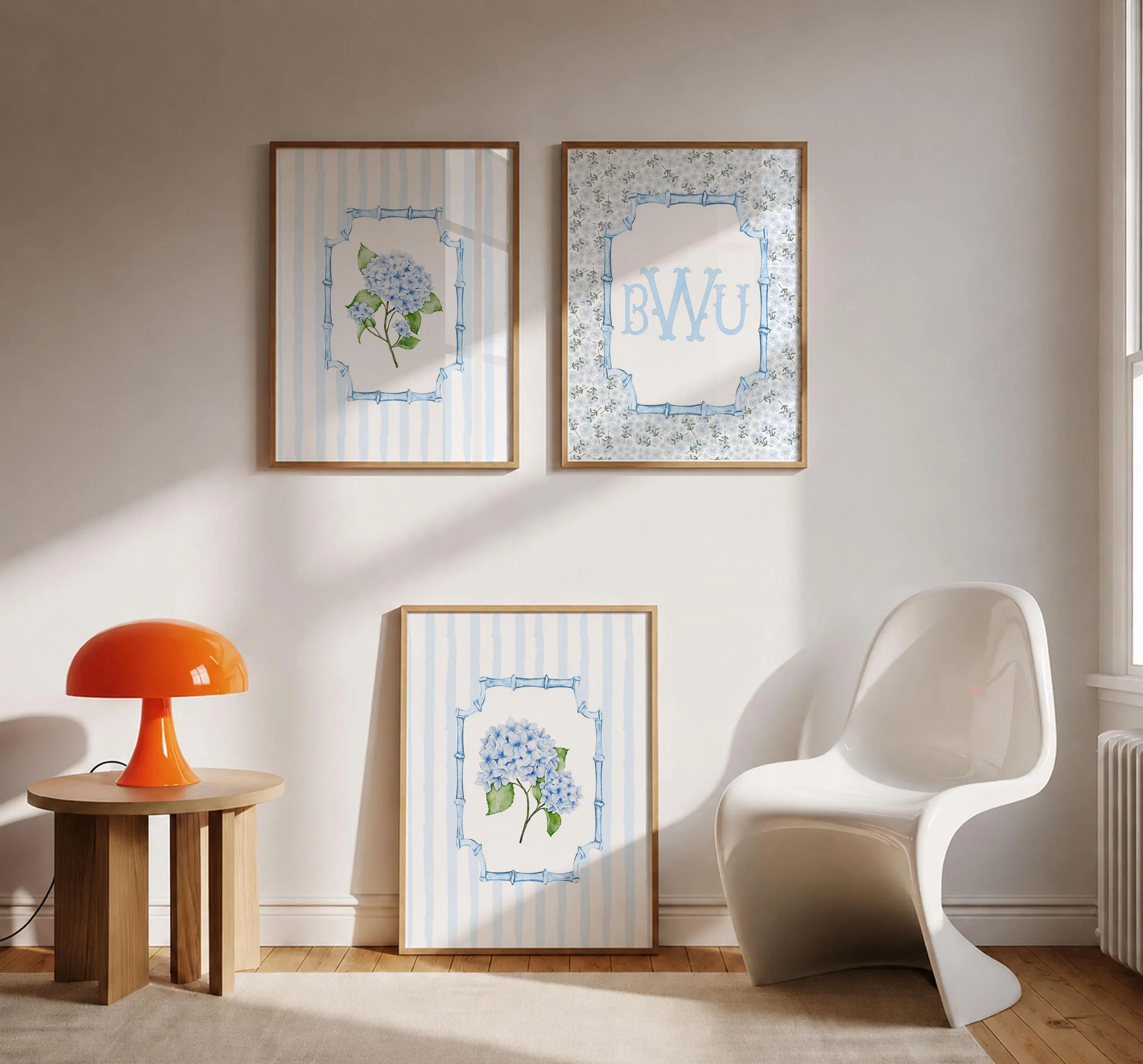 Personalized Blue Hydrangea Wall Art Set of 3, Custom Monogram Prints, Preppy Dorm Bedroom Decor