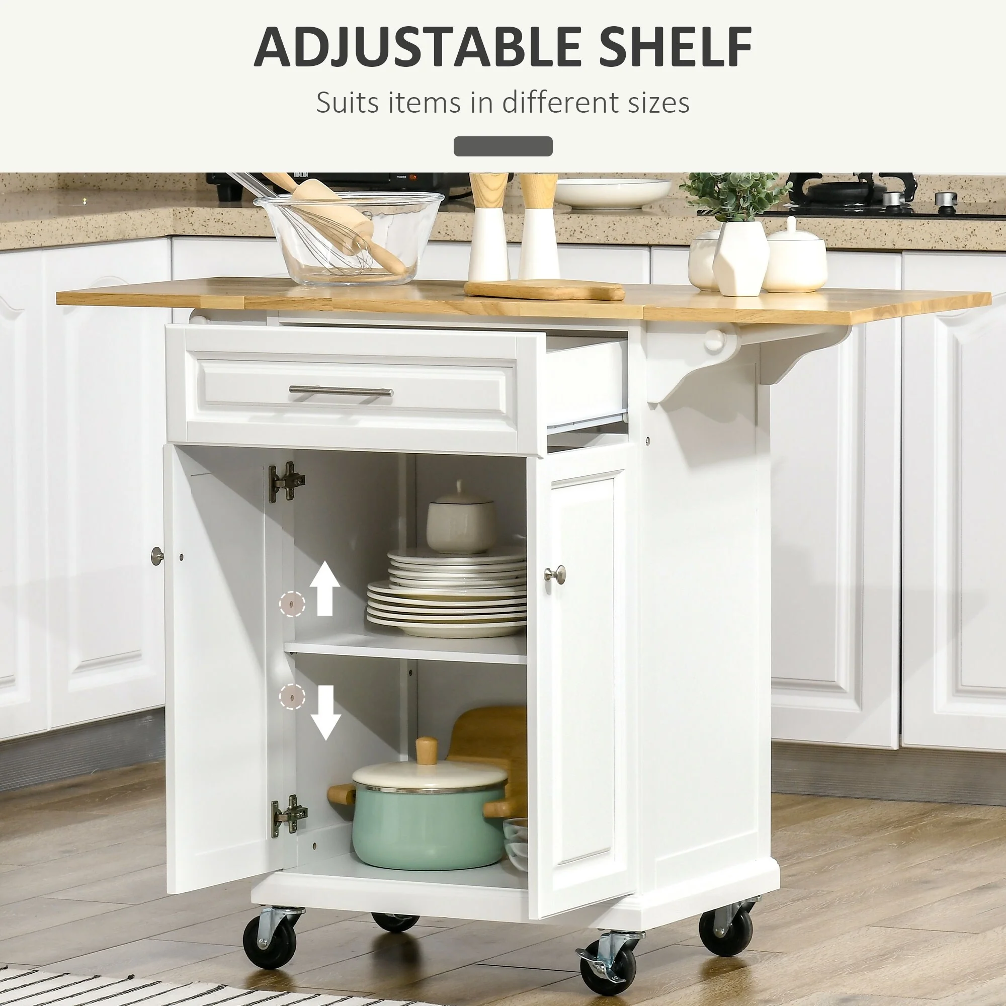 Kitchen Island with Drop Leaf Trolley Cart on Wheels Drawer Cabinet Towel Racks Versatile Use Natural Wood Top