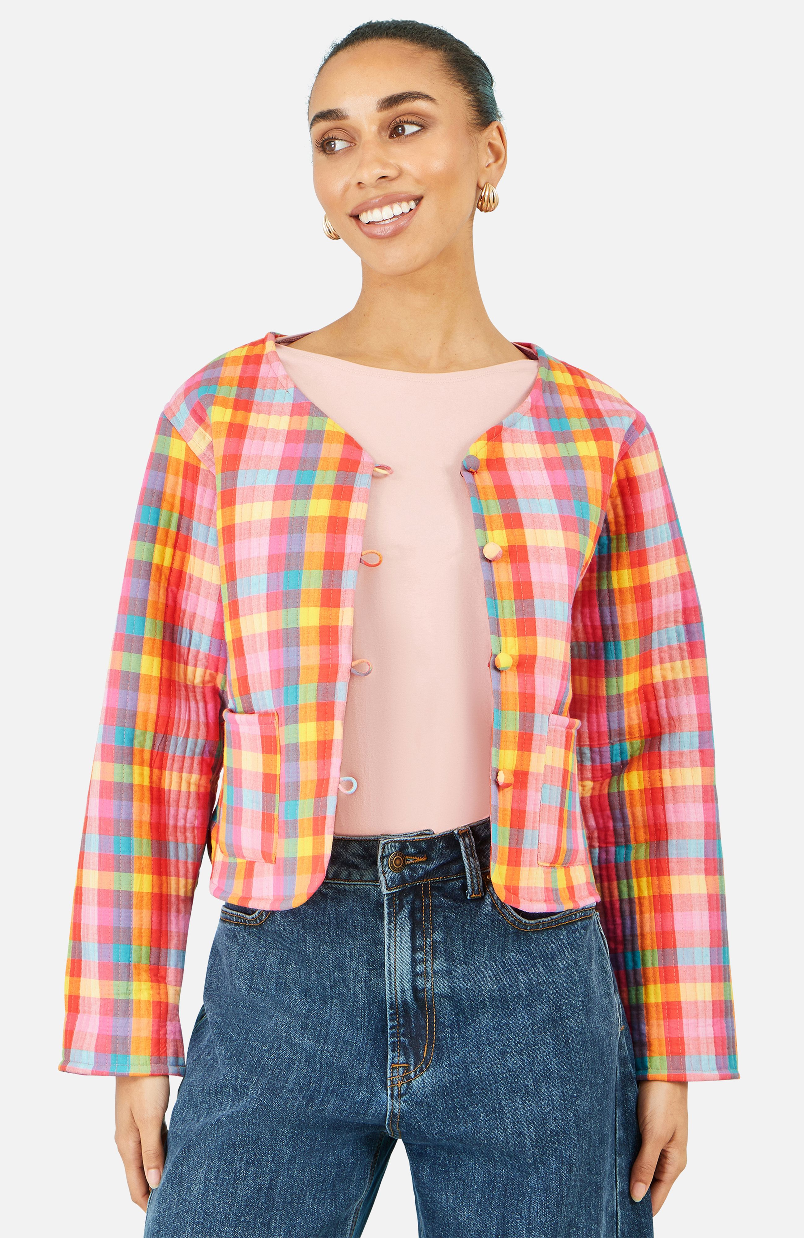 Yumi Multicolour Checked Reversible Cotton Quilted Jacket