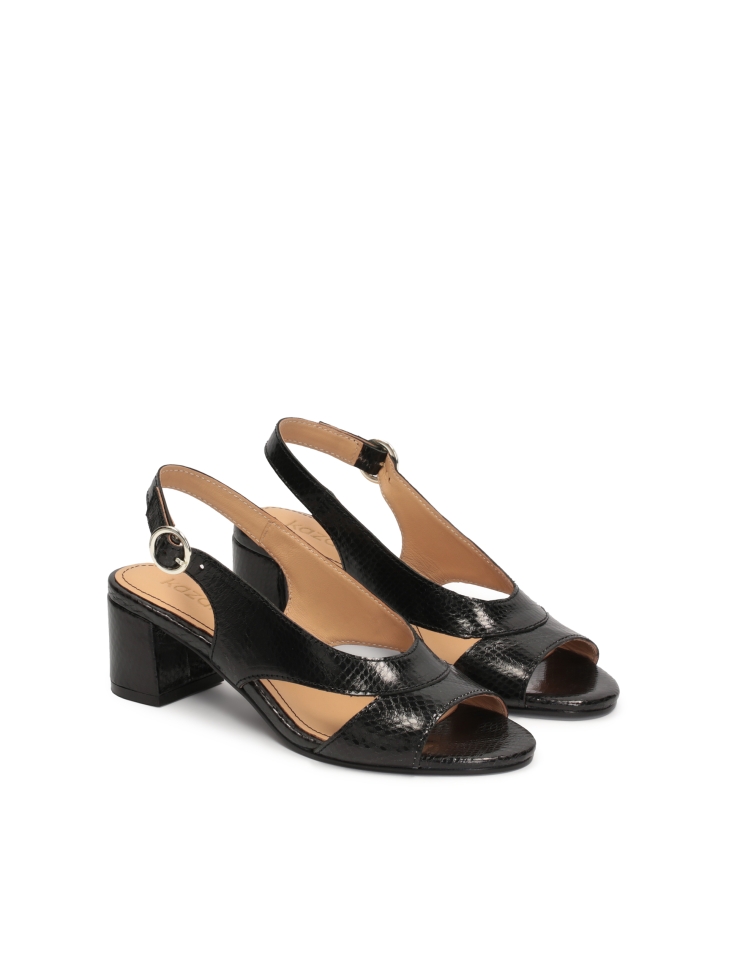 Black leather sandals on a wide heel