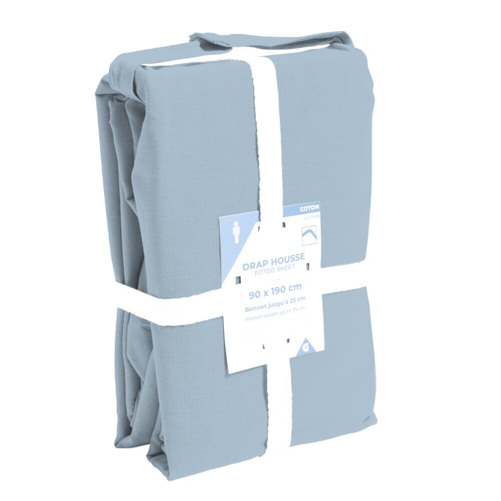 Drap housse 90x190cm 100% coton bleu chiné