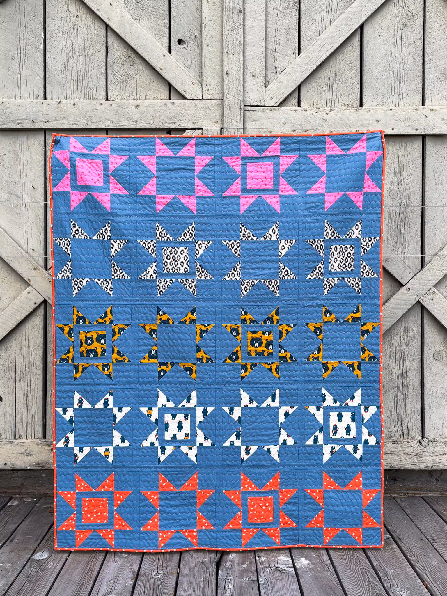 Modern Star Throw Quilt with Teddy Bears