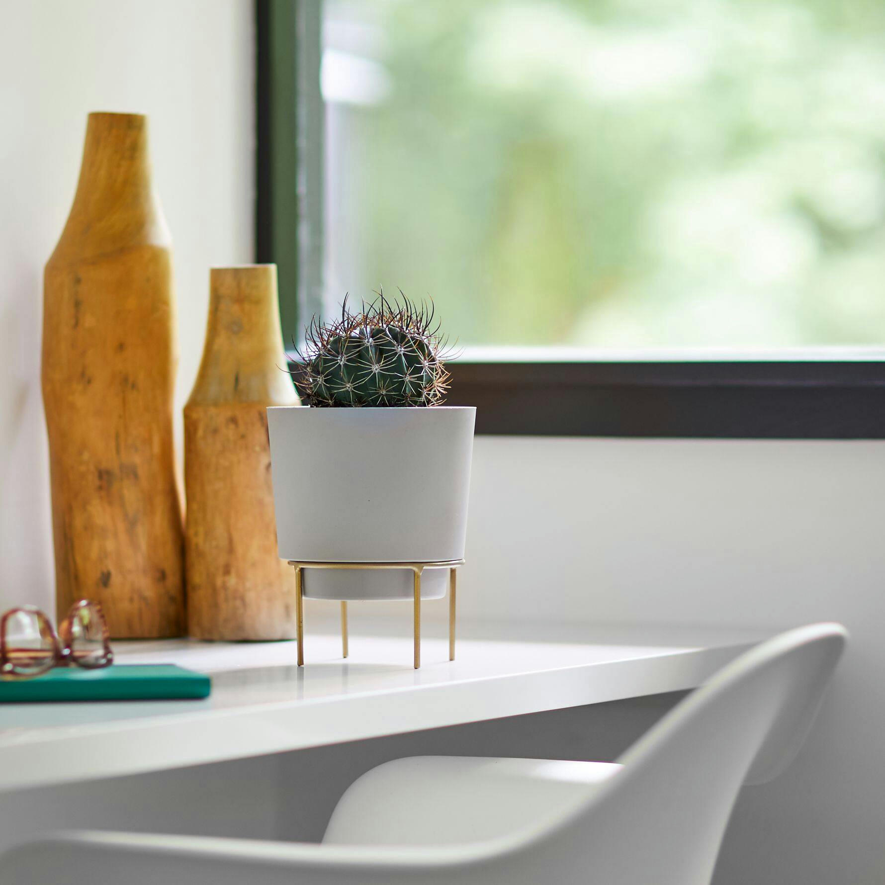 Bloem Hopson Round Planter with Metal Gold Stand, 6-in, Casper White