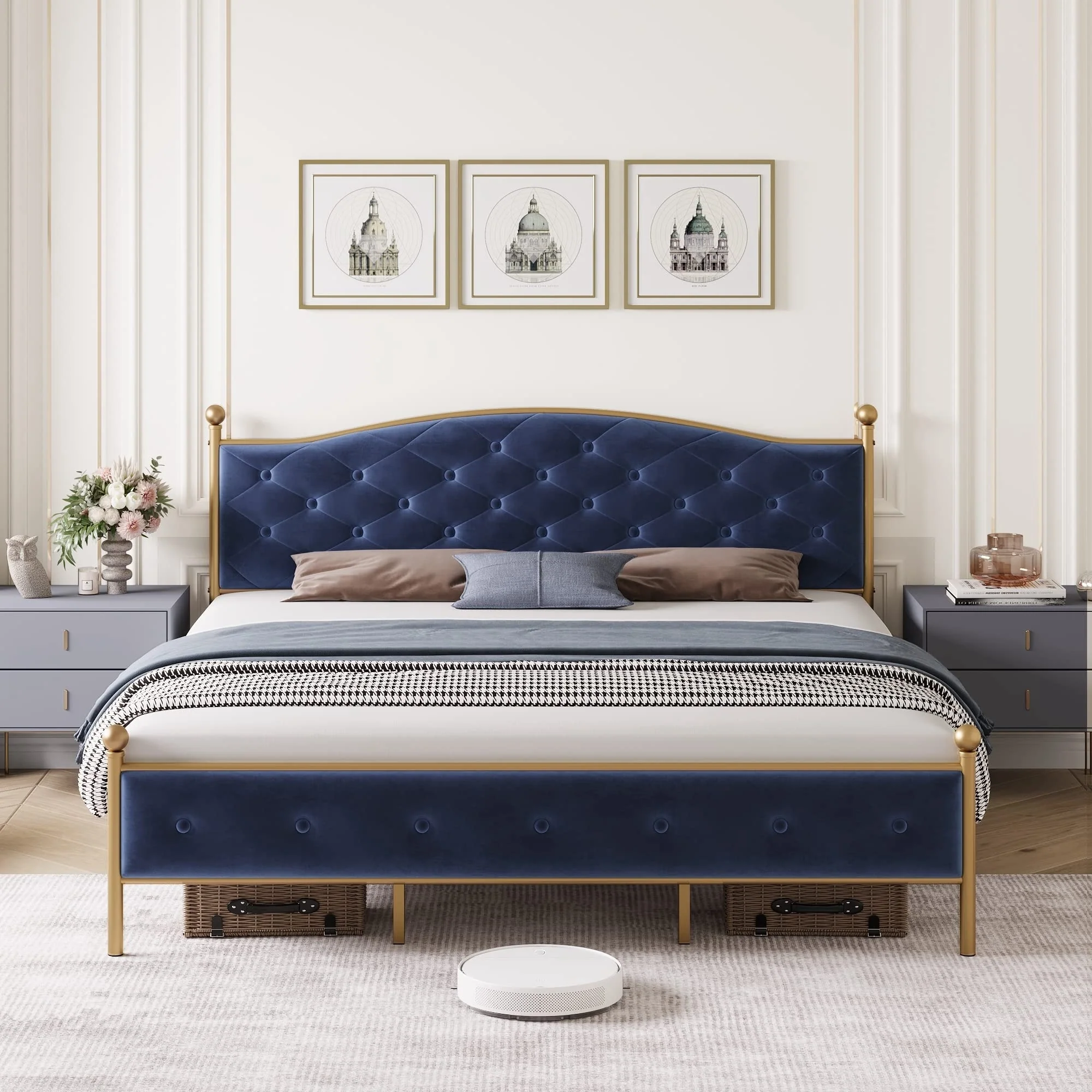 Bed Frame Velvet and Button Tufted Headboard, No Box Spring Needed