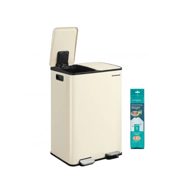 Poubelle à pédale en acier deux compartiments fermeture douce, 2 x 30 L
