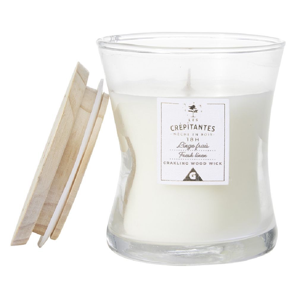 Bougie parfumée blanche Les crépitantes senteur linge frais 18H