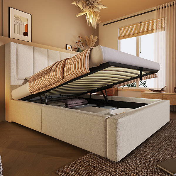 Lit coffre rembourré 90x200cm avec porte-gobelet - ports USB et Type-C - avec sommier à lattes - Lin - Beige (sans matelas)