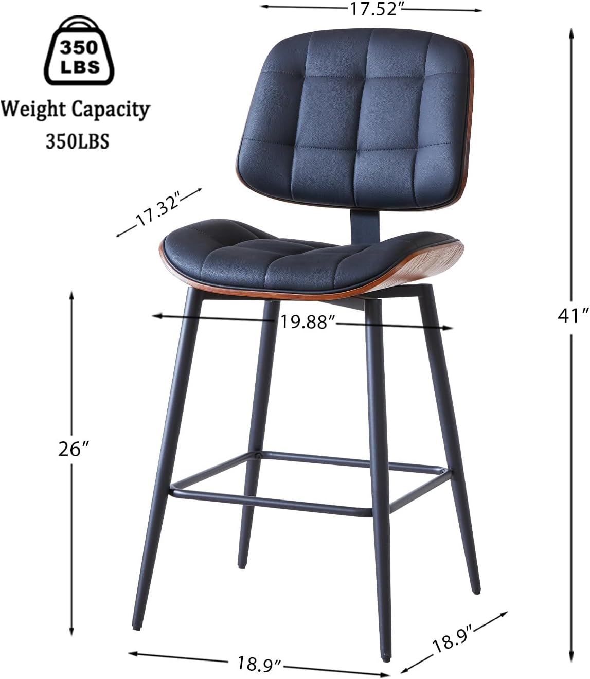 Mid Century Modern Bar Stools Set of 3 for Kitchen Island,Upholstered Black Faux Leather Counter Height stools,26 Inch Counter stools with Walnut Grain Back