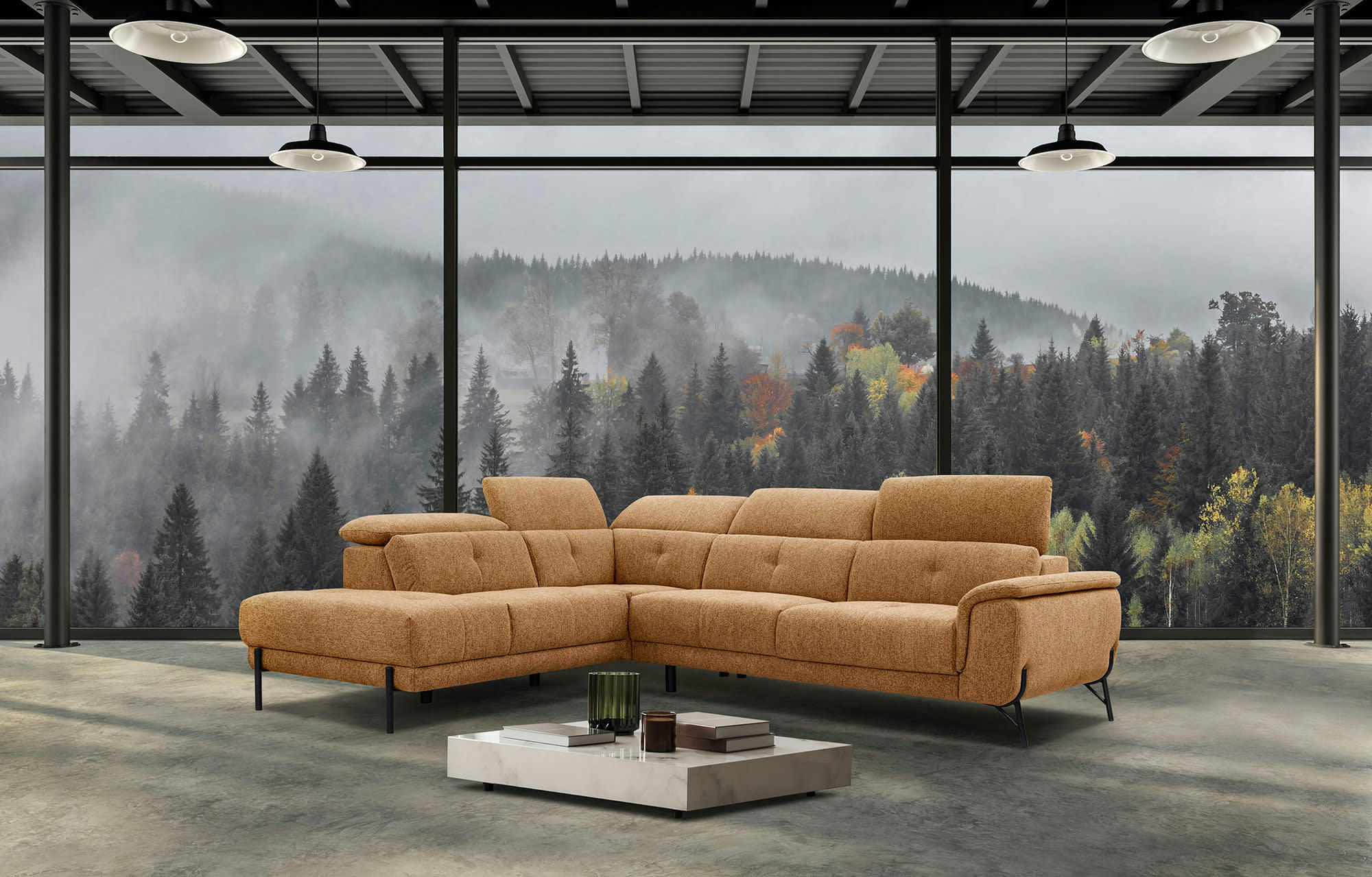 AVENA - Canapé d'angle gauche  5 places en tissu orange