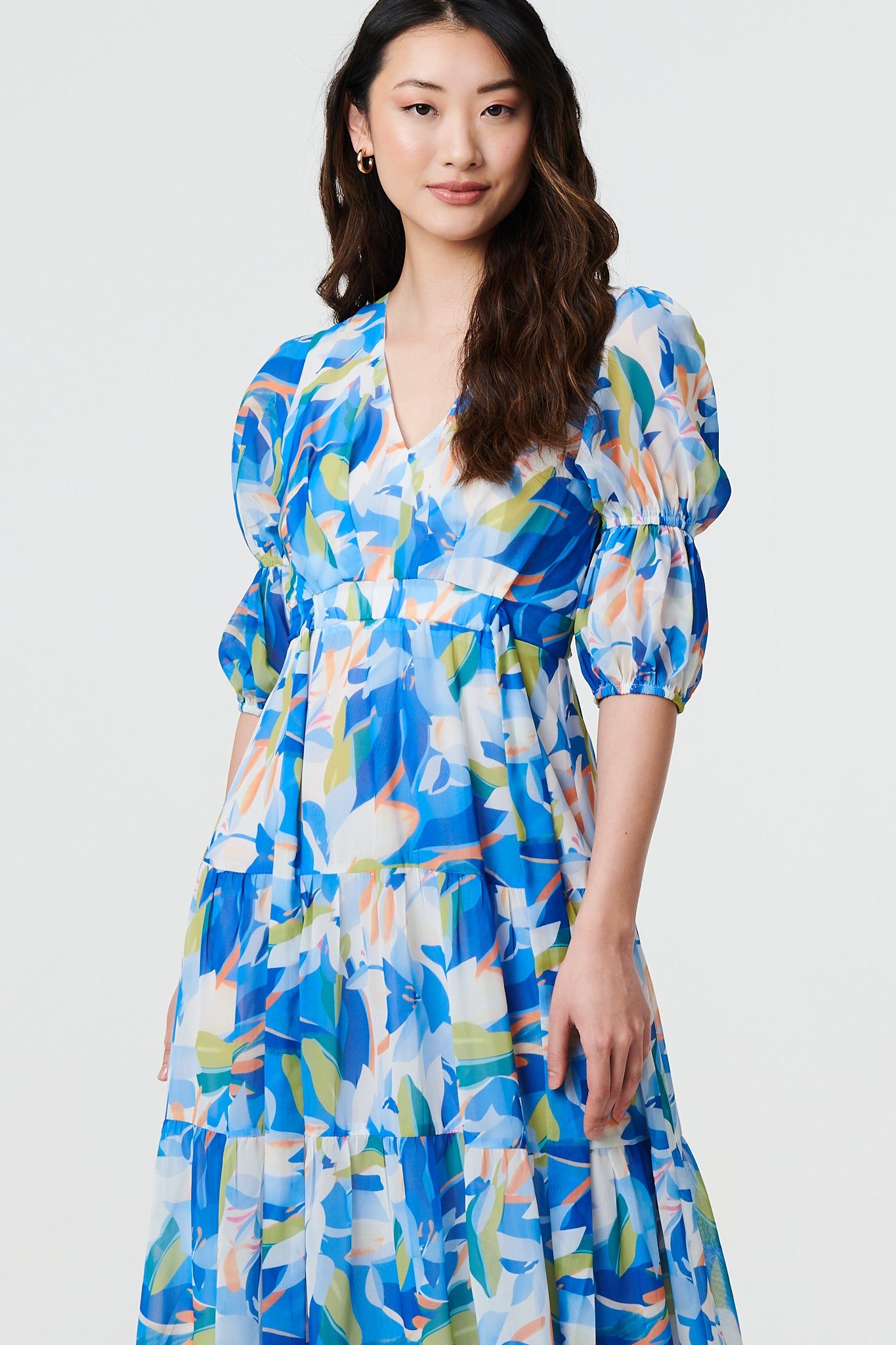 Izabel London Abstract 3/4 Puff Sleeve Tiered Maxi Dress