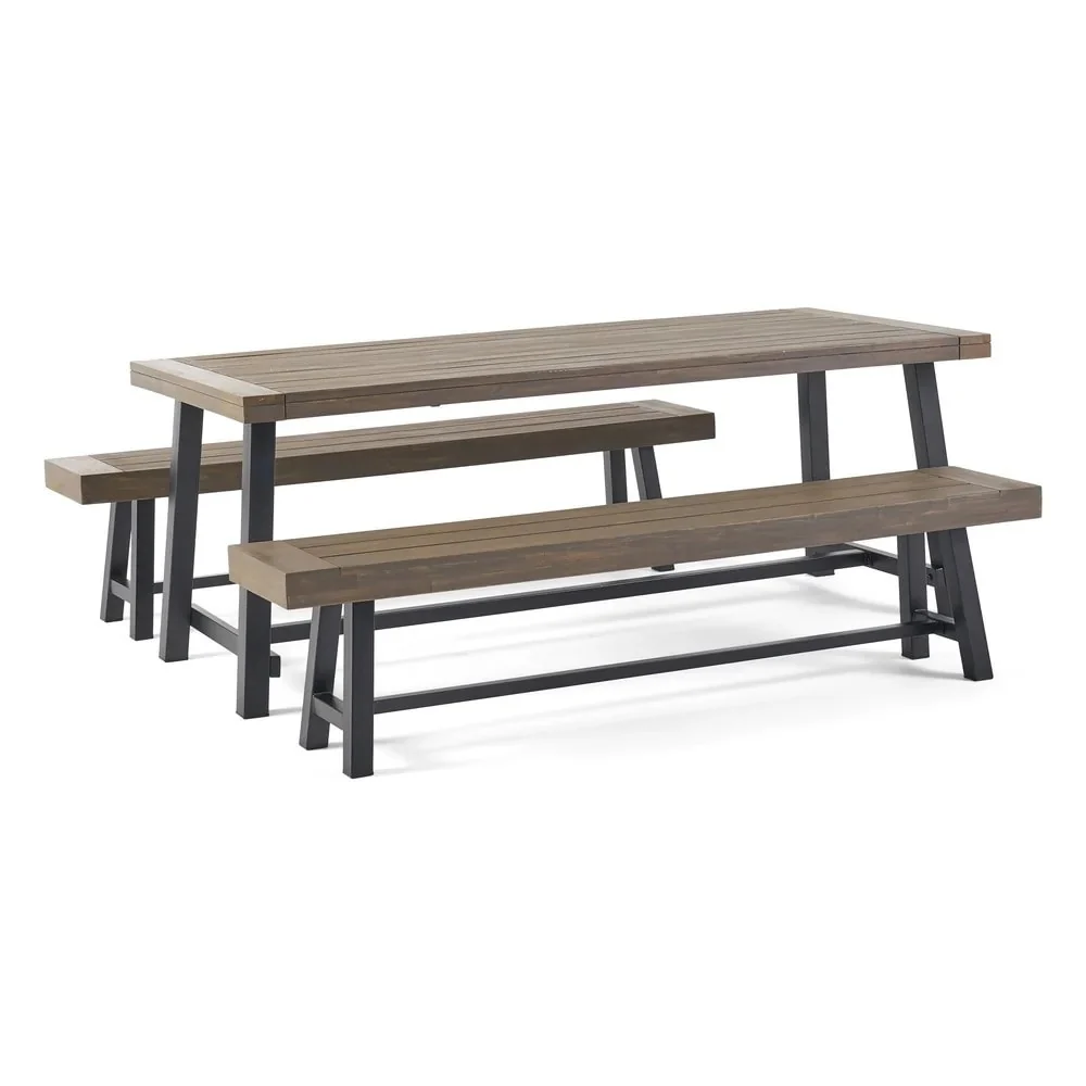 Outdoor Acacia Wood 3 Piece Picnic Dining Set, Gray and Rustic Metal