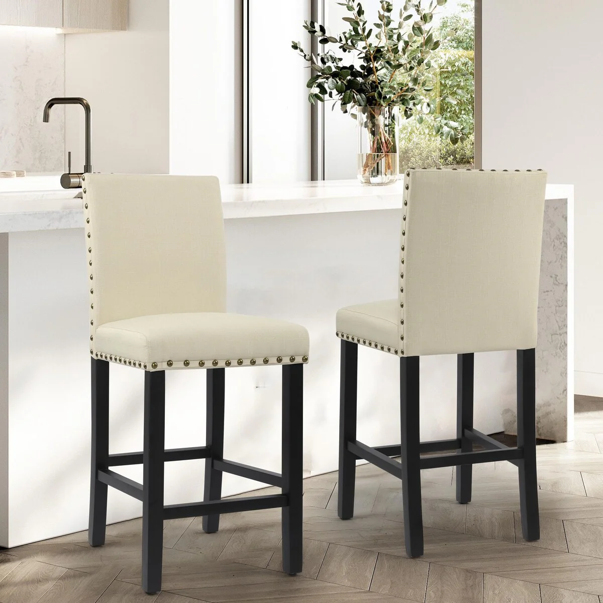 25 Inches Bar Stools Set of 2 Upholstered Counter Height Bar Stools with Back and Nailhead Trim