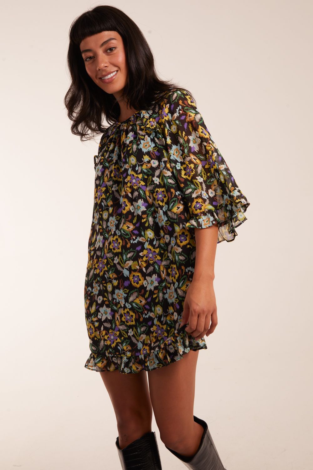 Blue Vanilla Floral Raglan Sleeve Tunic Dress