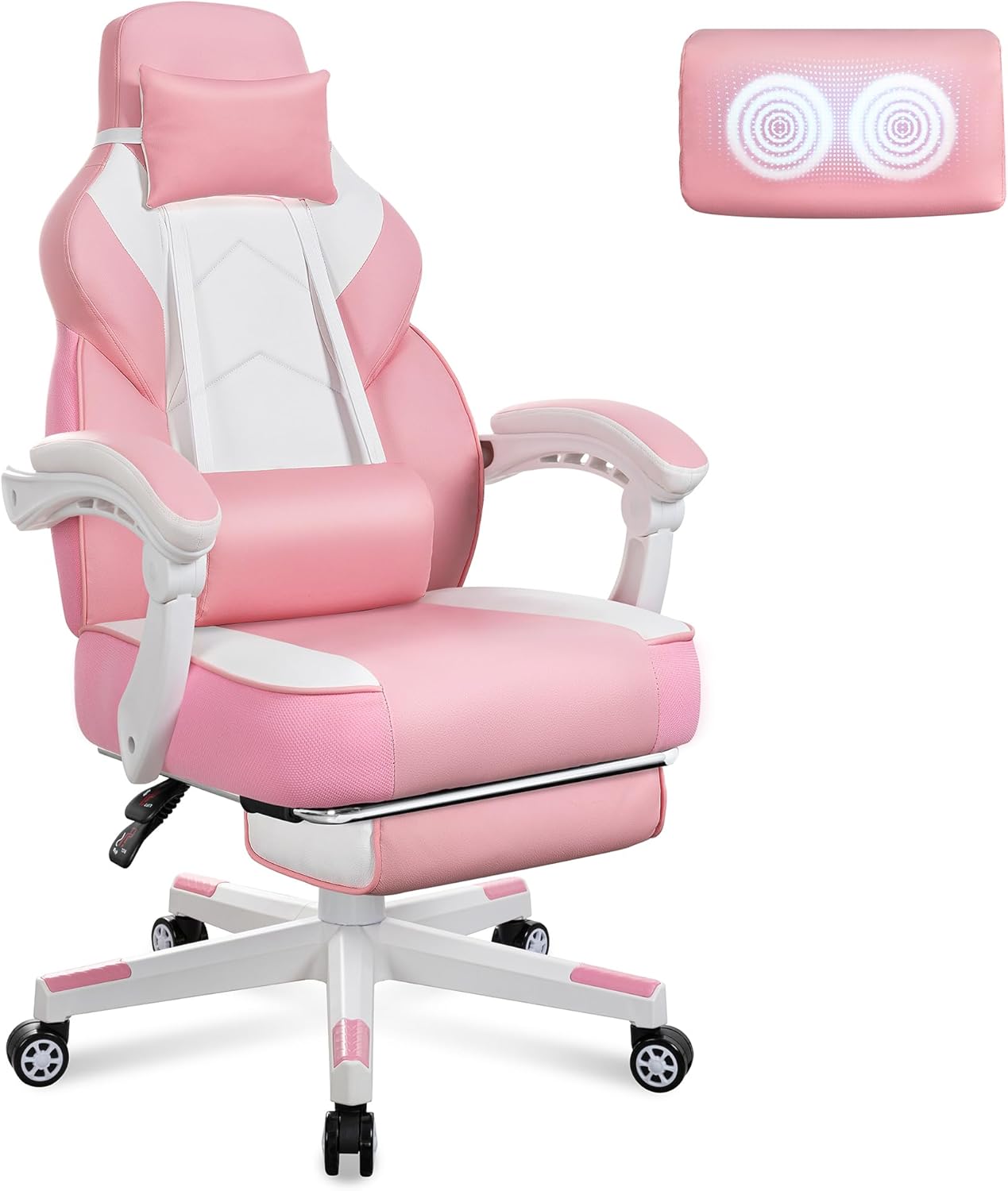 Meilocar Big and Tall Gaming Chair for Adults, 330lbs Heavy Duty Computer Chair with Footrest & Massage Lumbar Support, Wide Seat High Back Reclining Desk Chair, Pink