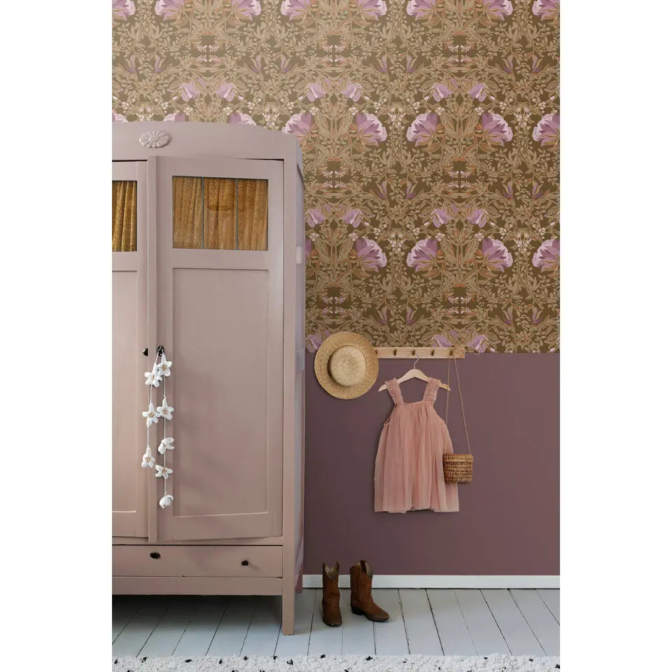 ESTAhome behang vintage bloemen in art nouveau stijl bruin en mauve paars