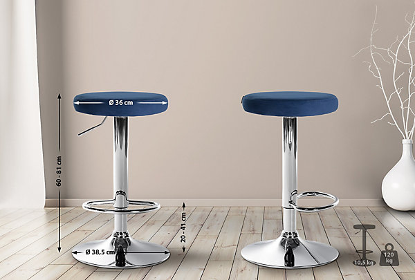 Lot de 2 tabourets de bar Ponte velours, tabouret de comptoir pivotant, réglable en hauteur, structure métal Métalchromé/Bleu