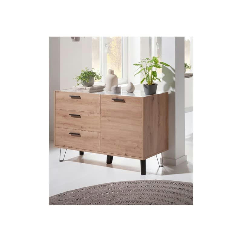 MILOS - Commode 1 porte et 3 tiroirs décor chêne clair et gris laqué