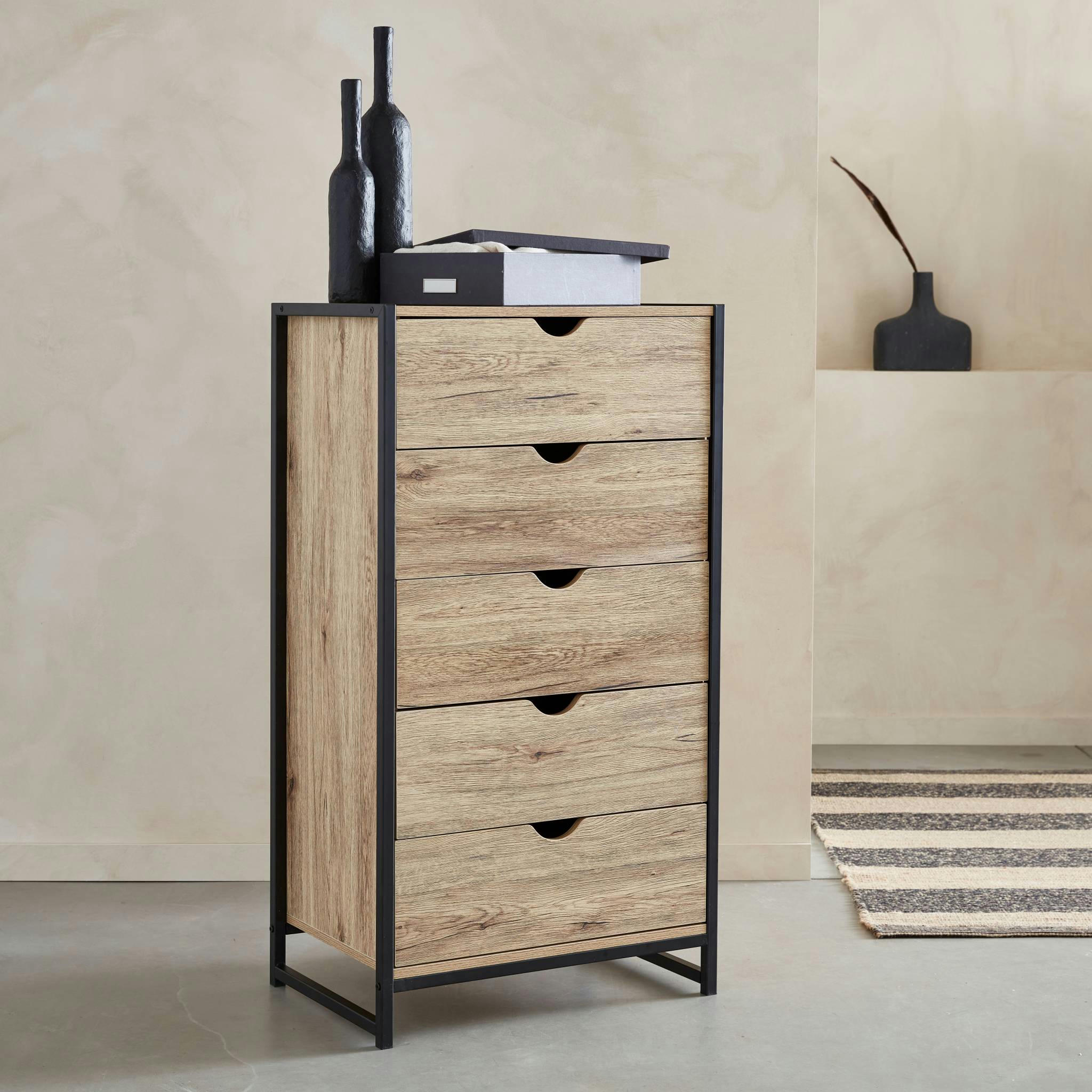 LOFT - Commode industrielle effet bois et métal 5 tiroirs