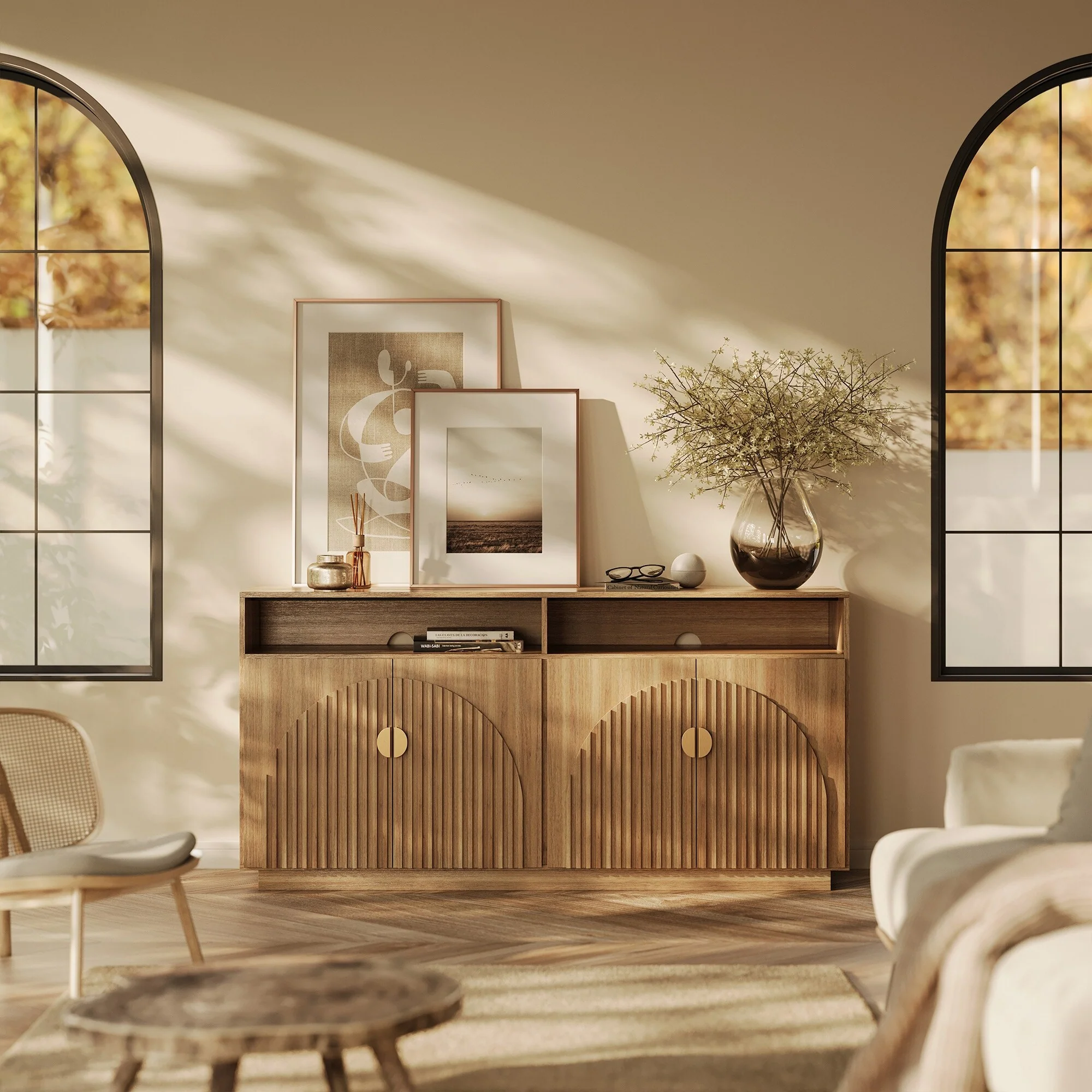 BELLEZE 65 Inch TV Stand with Storage Cabinets & Open Shelves