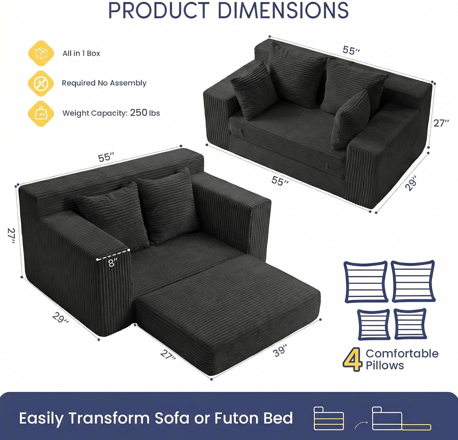 Boneless Couch Loveseat Sleeper, Convertible Sofa Bed Folding Couch Bed Foldable, 2 in 1 Boneless Chair Bed & Futon Sofa Bed, Small Pull Out Sofa with 4 Pillows for Living Room, Black | No Assembly, Convertible, 2 in 1, Pull Out Handle, 4 Pillows